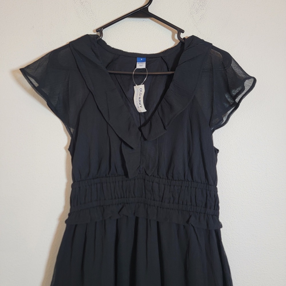 Old Navy Ruffle Chiffon Black Midi Dress Small Cotton Lined 753125 NWT - Picture 5 of 15